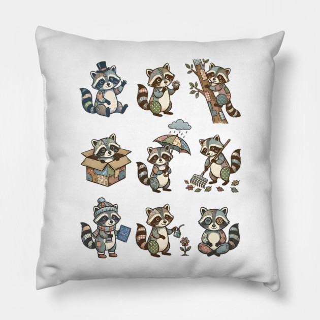 Cute Quirky Patchwork Steampunk Raccoons Funny Poses Pillow by Luxinda