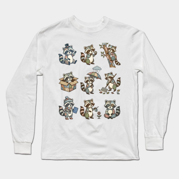 Cute Quirky Patchwork Steampunk Raccoons Funny Poses Long Sleeve T-Shirt by Luxinda