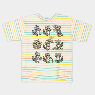 Cute Quirky Patchwork Steampunk Raccoons Funny Poses Kids T-Shirt