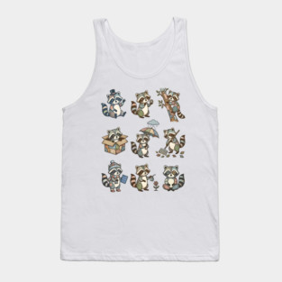 Cute Quirky Patchwork Steampunk Raccoons Funny Poses Tank Top