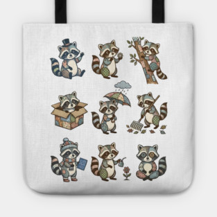 Cute Quirky Patchwork Steampunk Raccoons Funny Poses Tote
