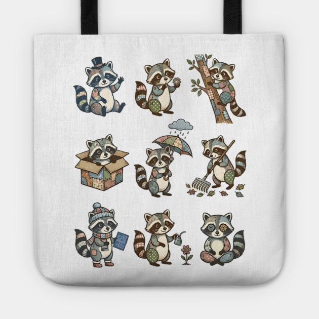 Cute Quirky Patchwork Steampunk Raccoons Funny Poses Tote by Luxinda