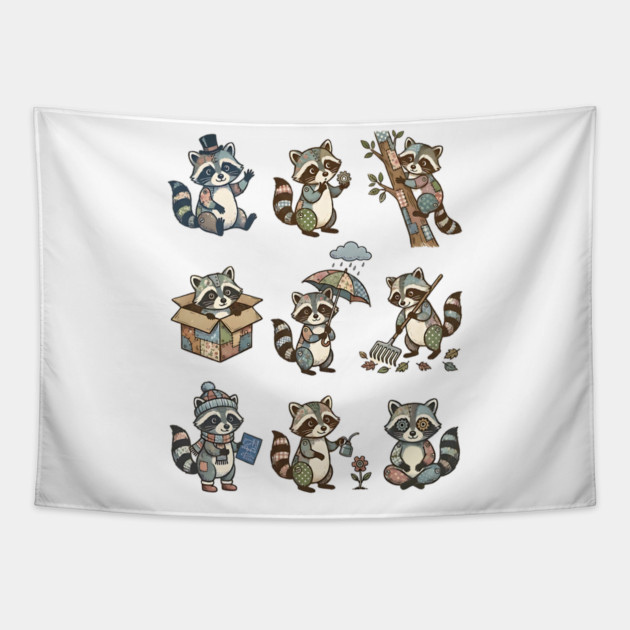 Cute Quirky Patchwork Steampunk Raccoons Funny Poses Tapestry by Luxinda