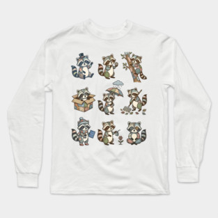 Cute Quirky Patchwork Steampunk Raccoons Funny Poses Long Sleeve T-Shirt