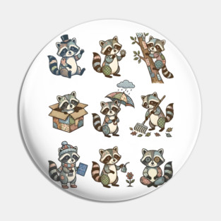 Cute Quirky Patchwork Steampunk Raccoons Funny Poses Pin