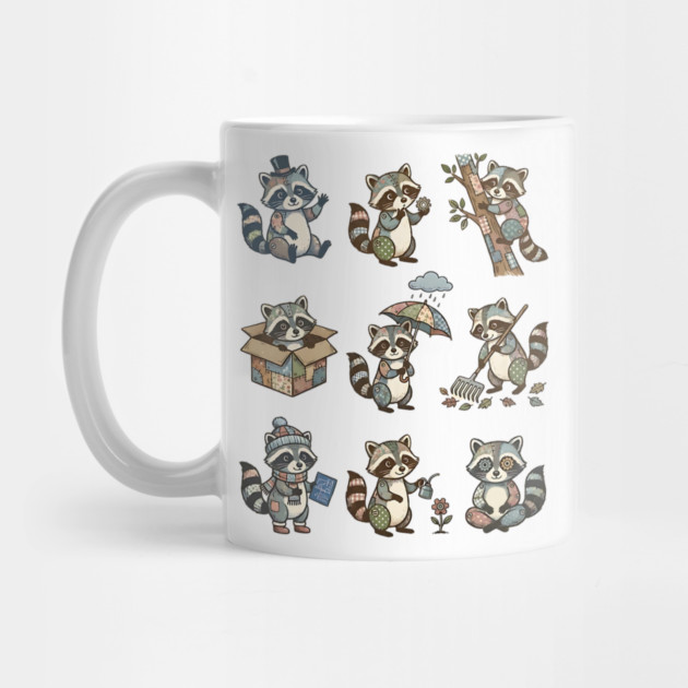 Cute Quirky Patchwork Steampunk Raccoons Funny Poses by Luxinda