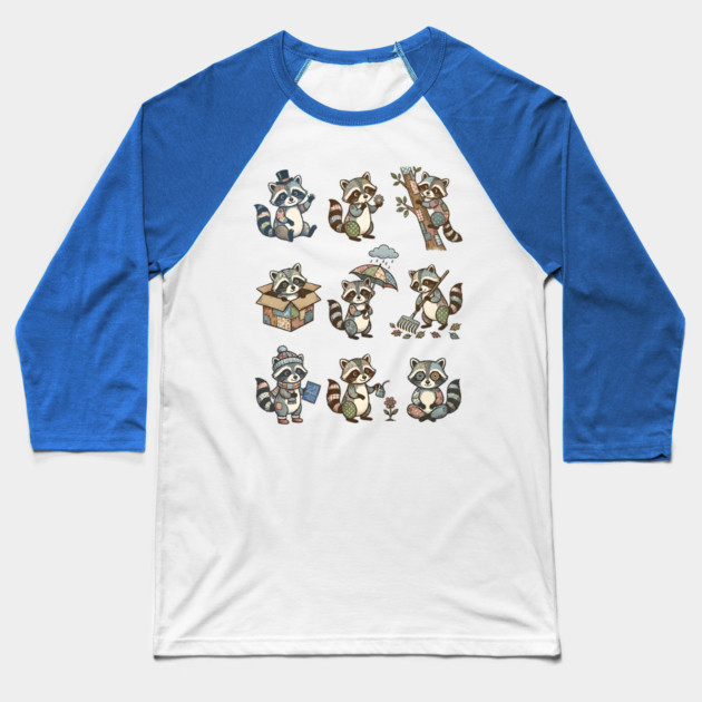 Cute Quirky Patchwork Steampunk Raccoons Funny Poses Baseball T-Shirt by Luxinda