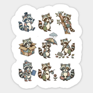 Cute Quirky Patchwork Steampunk Raccoons Funny Poses Sticker