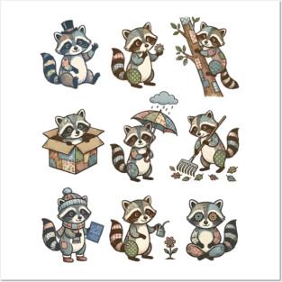Cute Quirky Patchwork Steampunk Raccoons Funny Poses Posters and Art