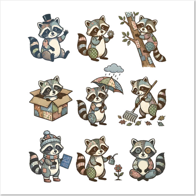 Cute Quirky Patchwork Steampunk Raccoons Funny Poses Wall Art by Luxinda