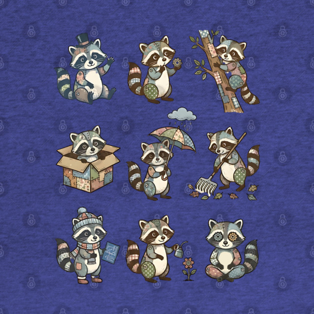 Cute Quirky Patchwork Steampunk Raccoons Funny Poses by Luxinda