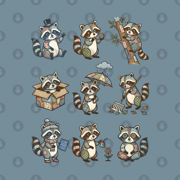 Cute Quirky Patchwork Steampunk Raccoons Funny Poses by Luxinda