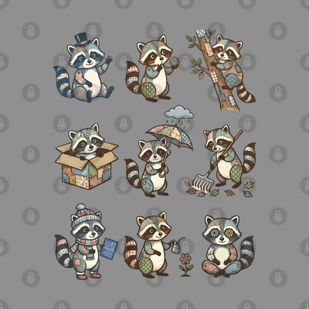 Cute Quirky Patchwork Steampunk Raccoons Funny Poses by Luxinda