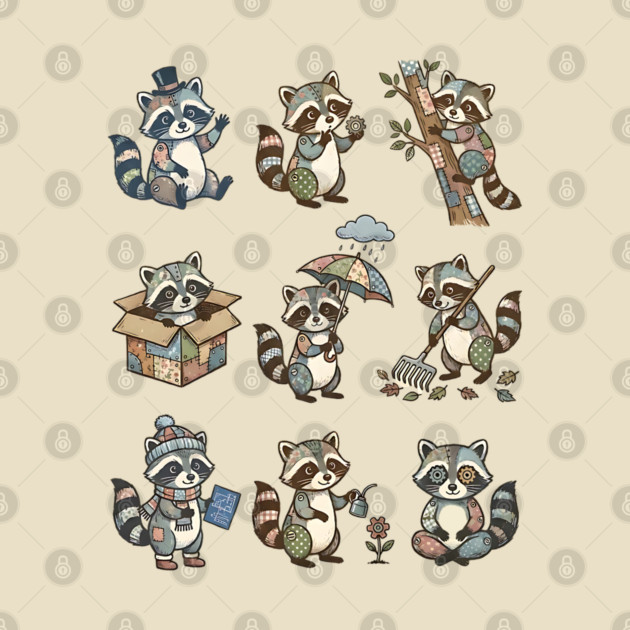 Cute Quirky Patchwork Steampunk Raccoons Funny Poses by Luxinda