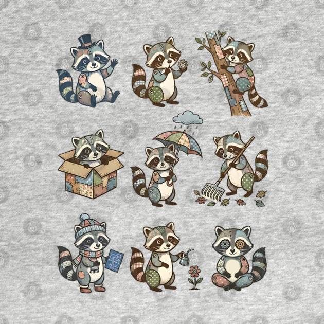 Cute Quirky Patchwork Steampunk Raccoons Funny Poses by Luxinda