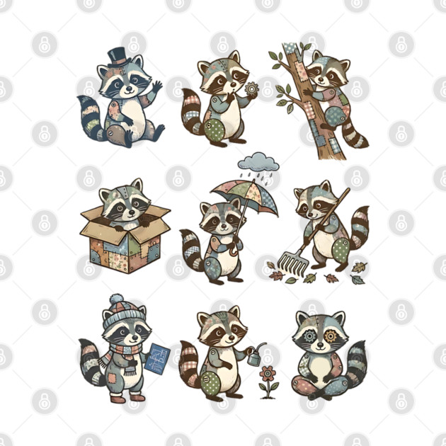 Cute Quirky Patchwork Steampunk Raccoons Funny Poses by Luxinda