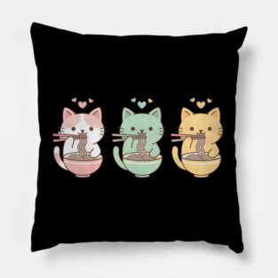 Kawaii Cats Ramen Trio Illustration Pillow