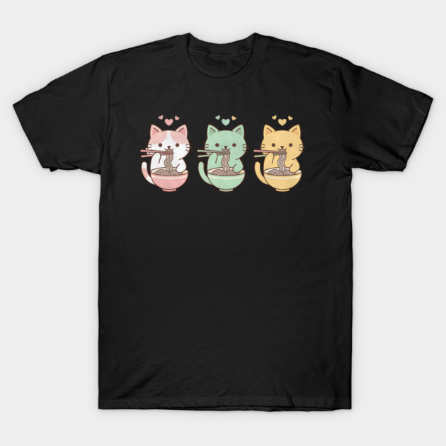 Kawaii Cats Ramen Trio Illustration T-Shirt by Designed By Marty