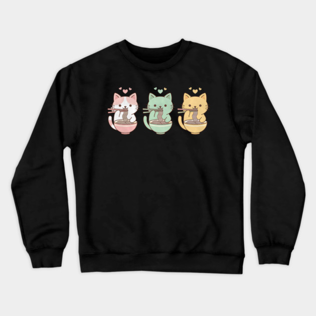 Kawaii Cats Ramen Trio Illustration Crewneck Sweatshirt by Designed By Marty