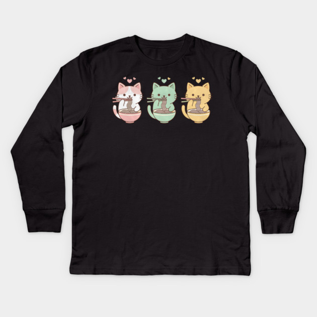 Kawaii Cats Ramen Trio Illustration Kids Long Sleeve T-Shirt by Designed By Marty