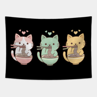 Kawaii Cats Ramen Trio Illustration Tapestry