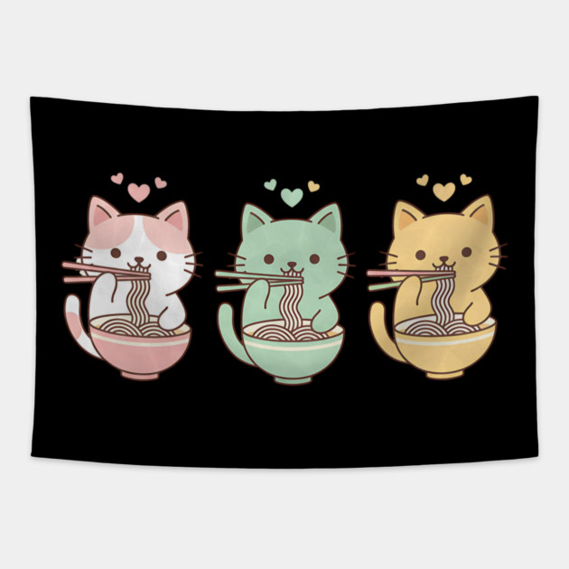 Kawaii Cats Ramen Trio Illustration Tapestry by Designed By Marty