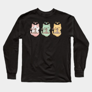 Kawaii Cats Ramen Trio Illustration Long Sleeve T-Shirt