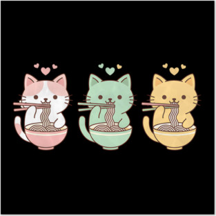 Kawaii Cats Ramen Trio Illustration Posters and Art