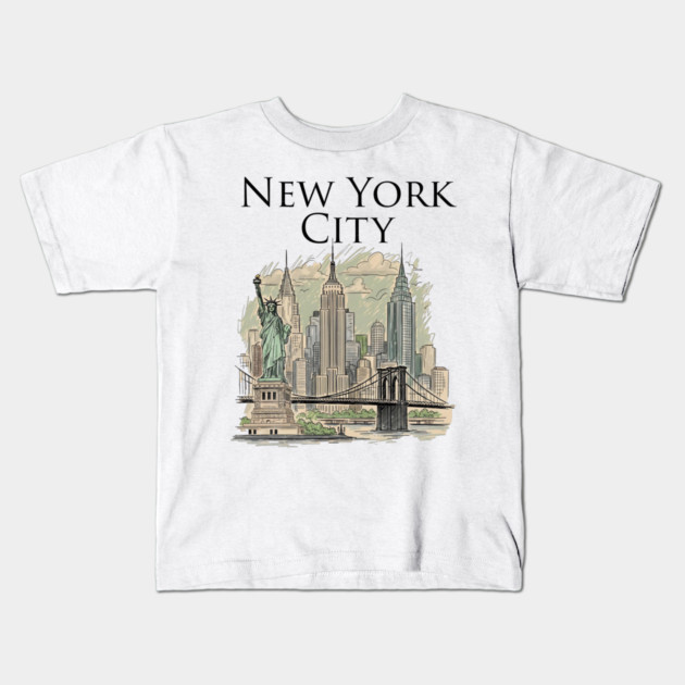 New York City Skyline Illustration Kids T-Shirt by Designed By Marty