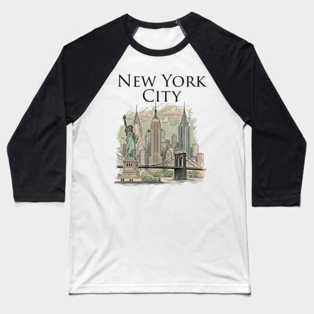 New York City Skyline Illustration Baseball T-Shirt by Designed By Marty