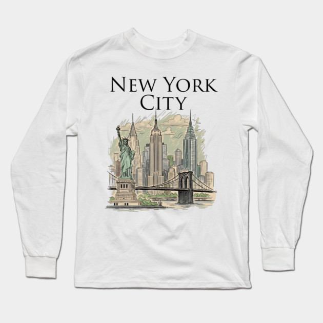 New York City Skyline Illustration Long Sleeve T-Shirt by Designed By Marty