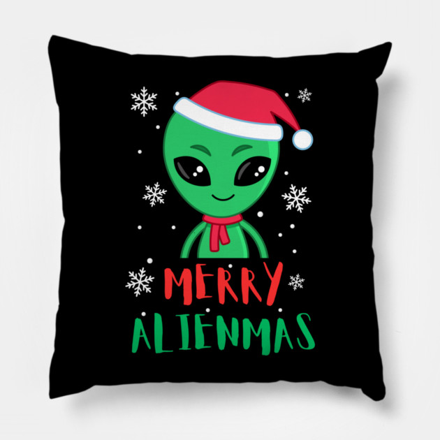 Merry Alienmas Cute Green Alien Santa Hat Pillow by Creatifly Graphic Tees