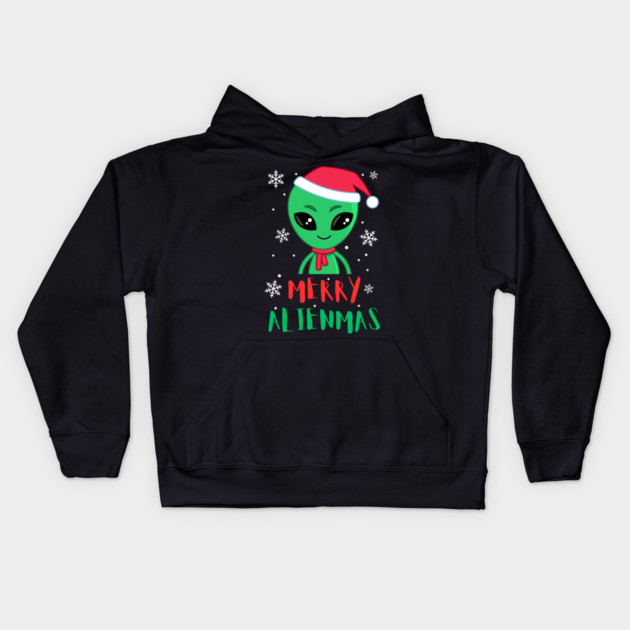 Merry Alienmas Cute Green Alien Santa Hat Kids Hoodie by Creatifly Graphic Tees