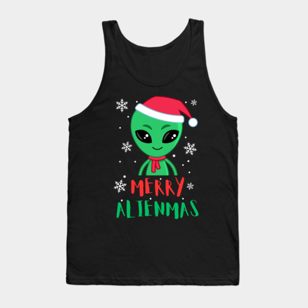 Merry Alienmas Cute Green Alien Santa Hat Tank Top by Creatifly Graphic Tees