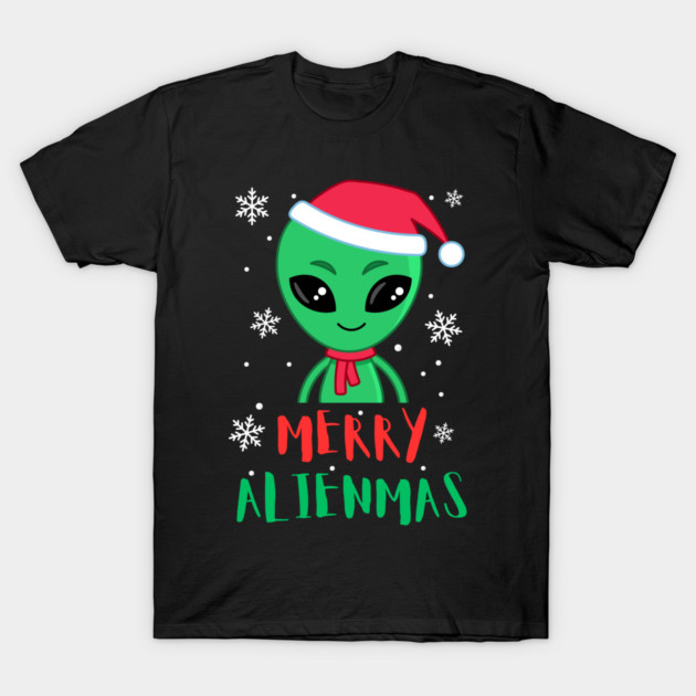 Merry Alienmas Cute Green Alien Santa Hat T-Shirt by Creatifly Graphic Tees