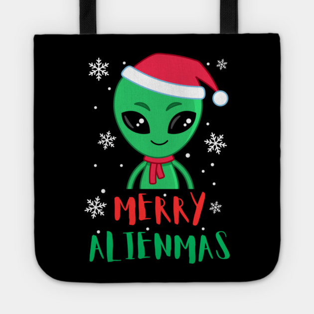 Merry Alienmas Cute Green Alien Santa Hat Tote by Creatifly Graphic Tees