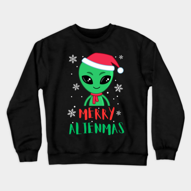 Merry Alienmas Cute Green Alien Santa Hat Crewneck Sweatshirt by Creatifly Graphic Tees