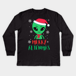 Merry Alienmas Cute Green Alien Santa Hat Kids Long Sleeve T-Shirt