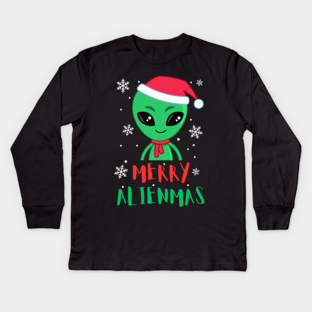 Merry Alienmas Cute Green Alien Santa Hat Kids Long Sleeve T-Shirt by Creatifly Graphic Tees