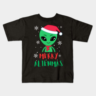 Merry Alienmas Cute Green Alien Santa Hat Kids T-Shirt