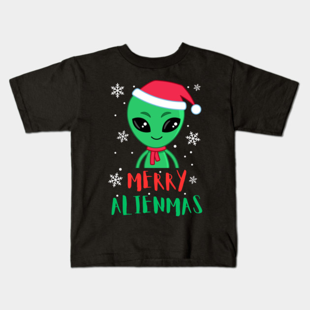 Merry Alienmas Cute Green Alien Santa Hat Kids T-Shirt by Creatifly Graphic Tees
