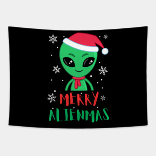 Merry Alienmas Cute Green Alien Santa Hat Tapestry