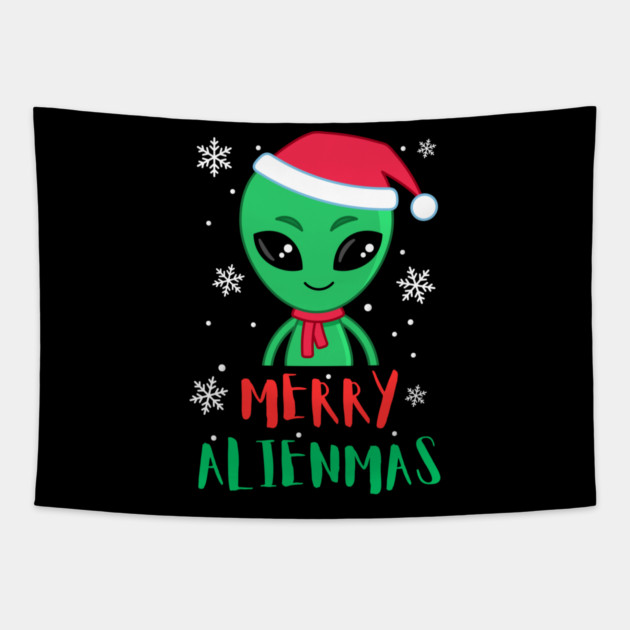 Merry Alienmas Cute Green Alien Santa Hat Tapestry by Creatifly Graphic Tees