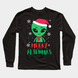 Merry Alienmas Cute Green Alien Santa Hat Long Sleeve T-Shirt