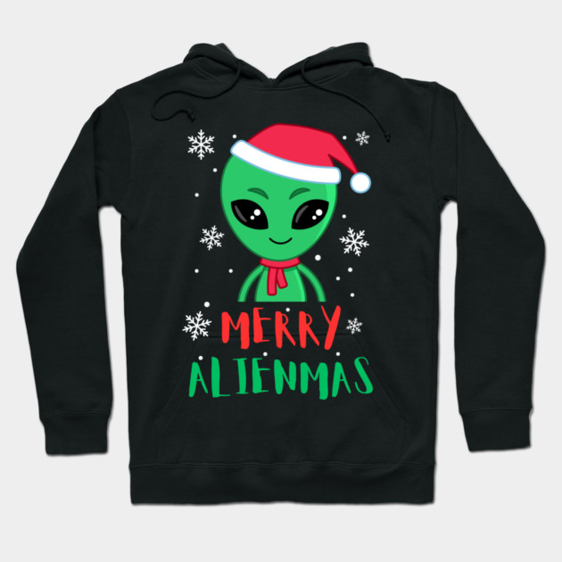 Merry Alienmas Cute Green Alien Santa Hat Hoodie by Creatifly Graphic Tees
