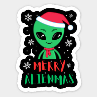Merry Alienmas Cute Green Alien Santa Hat Sticker