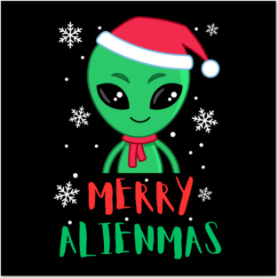 Merry Alienmas Cute Green Alien Santa Hat Posters and Art