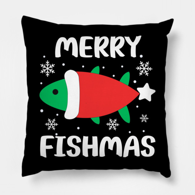 Merry Fishmas Cute Santa Fish Holiday Pun Pillow by Creatifly Graphic Tees
