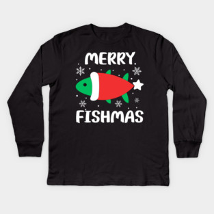 Merry Fishmas Cute Santa Fish Holiday Pun Kids Long Sleeve T-Shirt