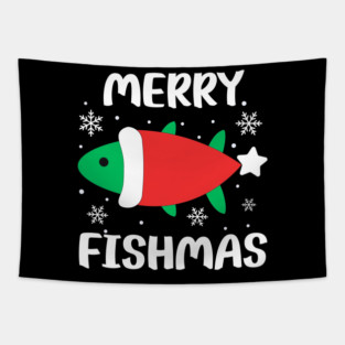 Merry Fishmas Cute Santa Fish Holiday Pun Tapestry